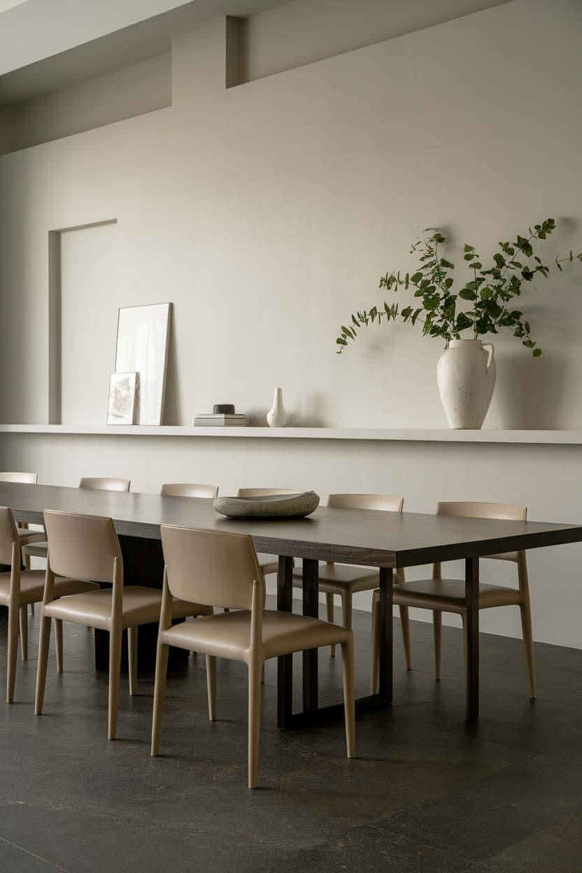A minimalist dining room with a long table, beige chairs, and a simple vase with greenery.