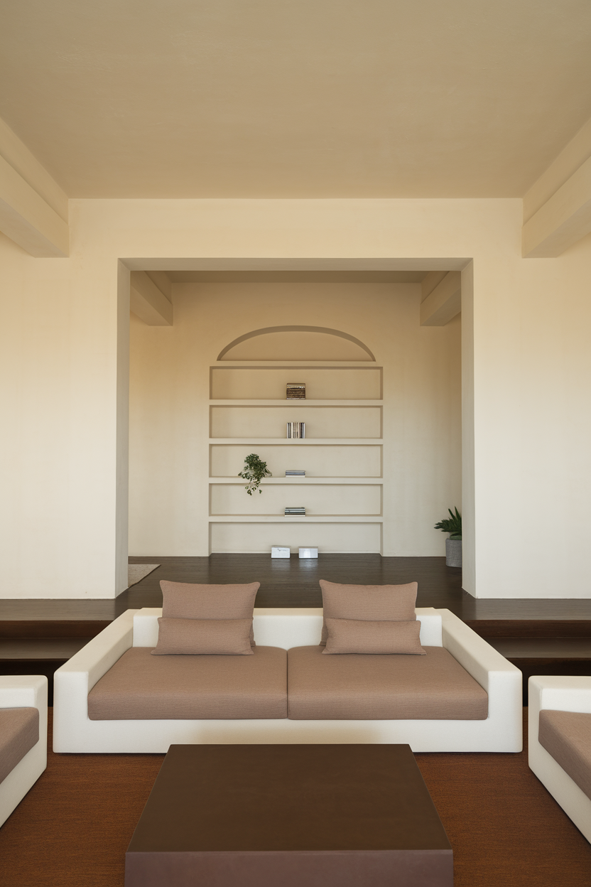 A minimalist living room with neutral colors, simple furniture, and a serene atmosphere