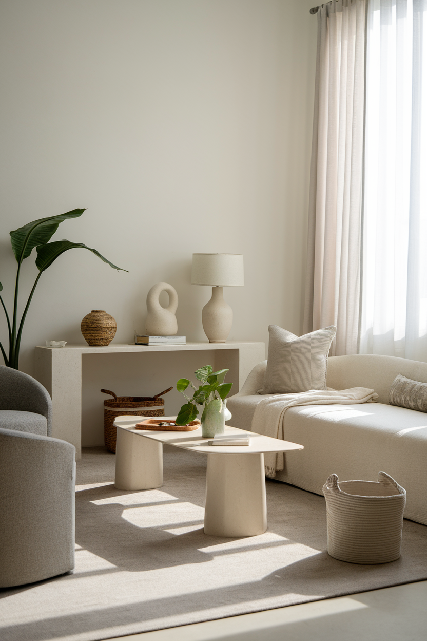A cozy living room with neutral colors, featuring a light beige sofa, grey chairs, and natural light streaming through curtains.