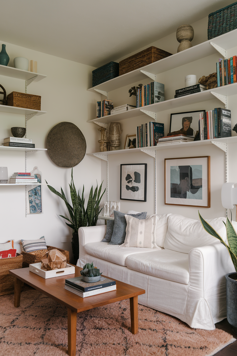 A small living room featuring open shelving with books, plants, and decorative items against a white wall.