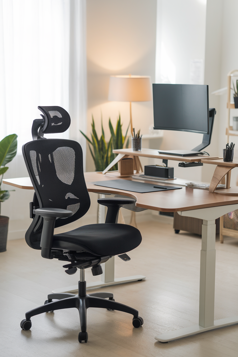 An ergonomic office chair and a modern adjustable desk in a bright workspace.
