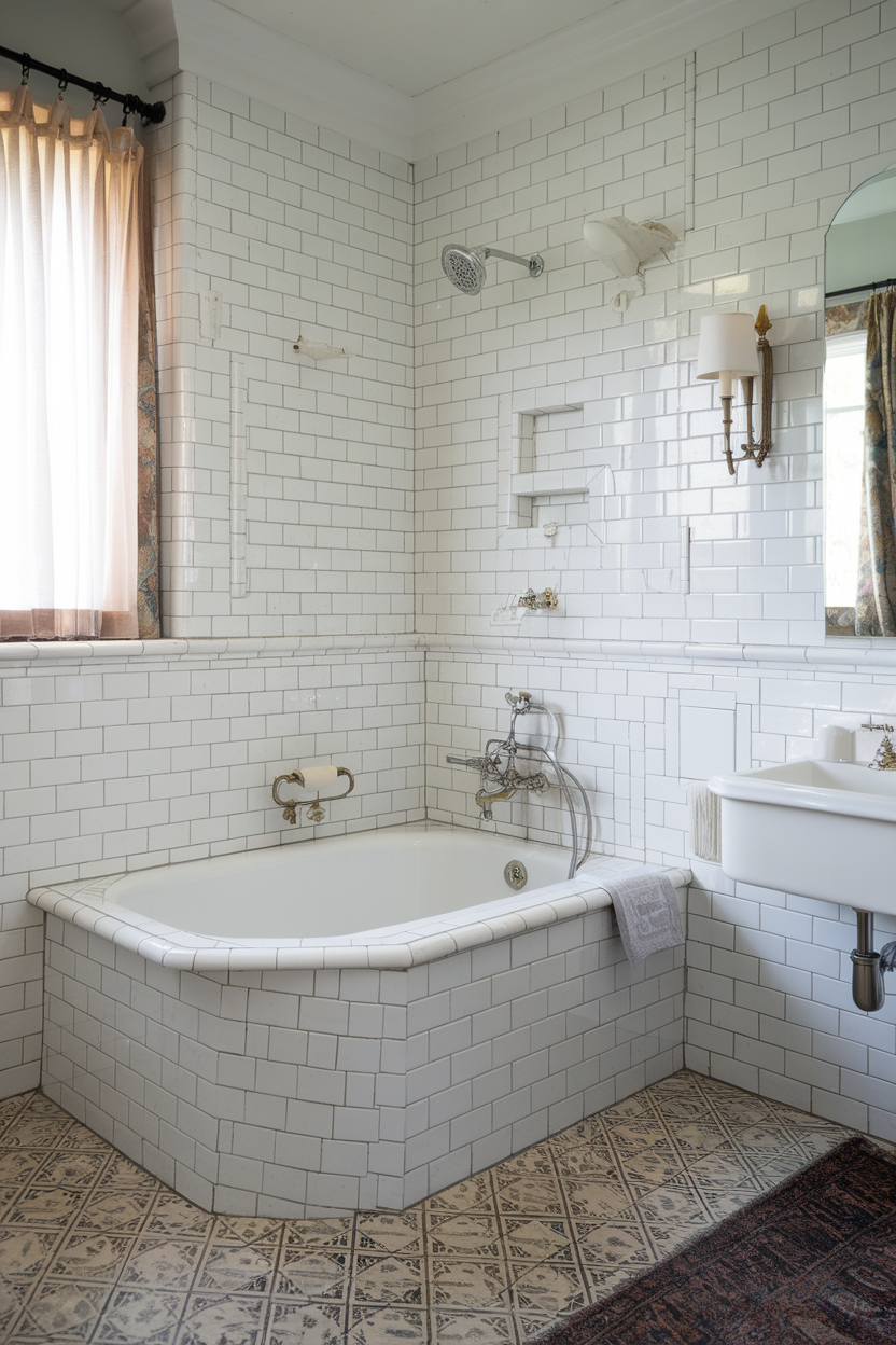A beautifully designed bathroom with a white tiled bathtub surround, featuring a vintage style and elegant faucet.