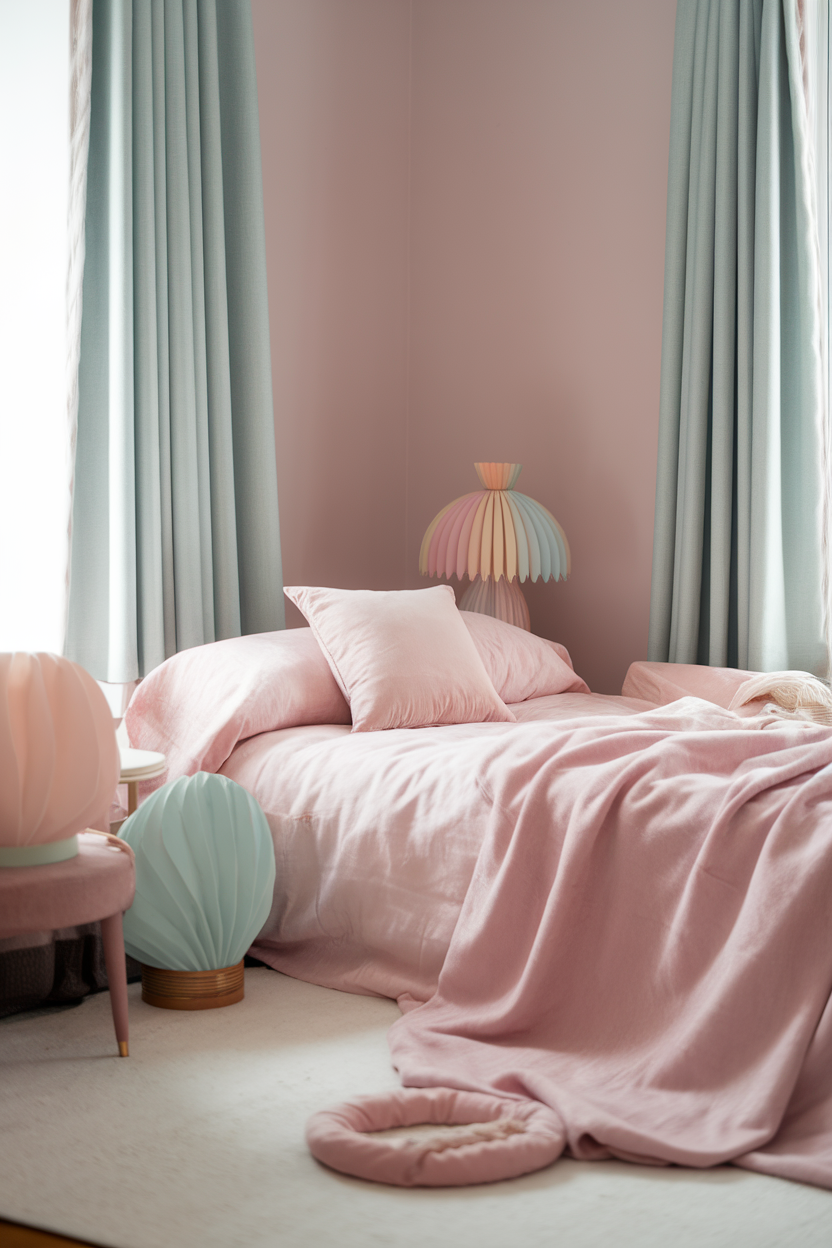 A cozy bedroom featuring pastel colors with pink bedding, green curtains, and stylish lamps.