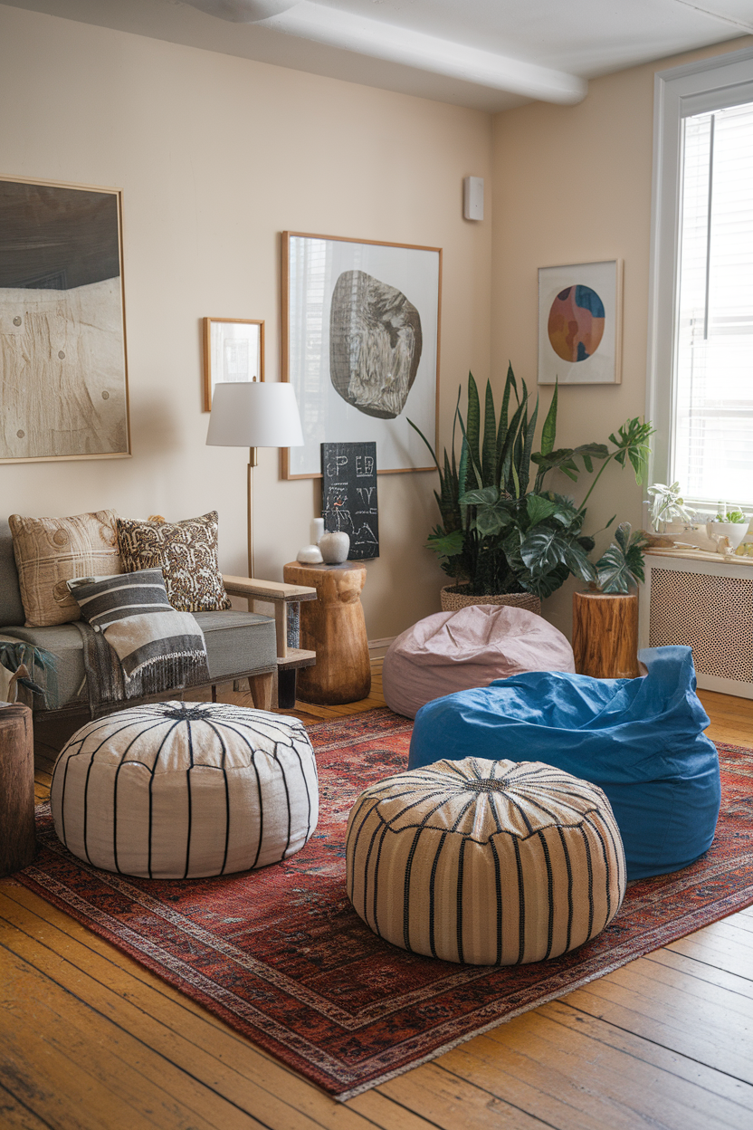 A cozy sitting room featuring a mix of bean bags, a sofa, and decorative elements.