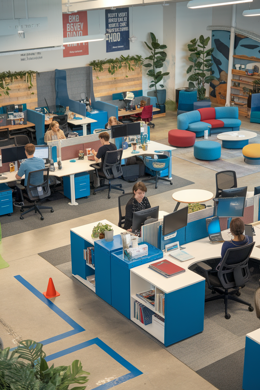A vibrant office space with various seating options and workstations, showcasing flexible workspace design.