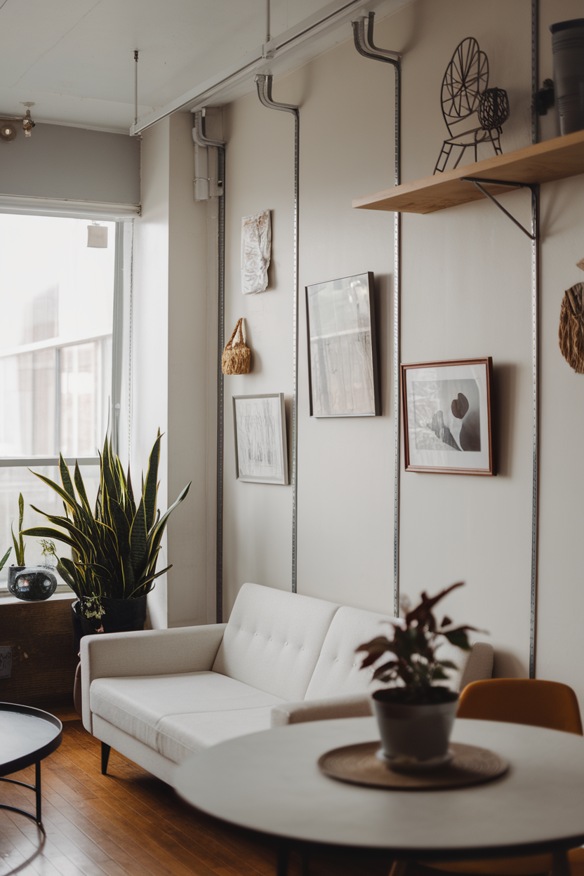 A cozy living room setup featuring floating frames on the wall, a white sofa, and a potted plant.