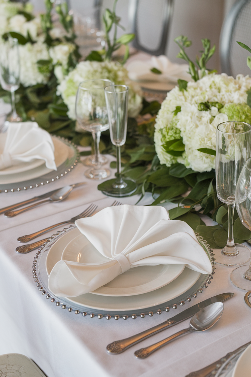 Elegant table setting with floral arrangements and greenery