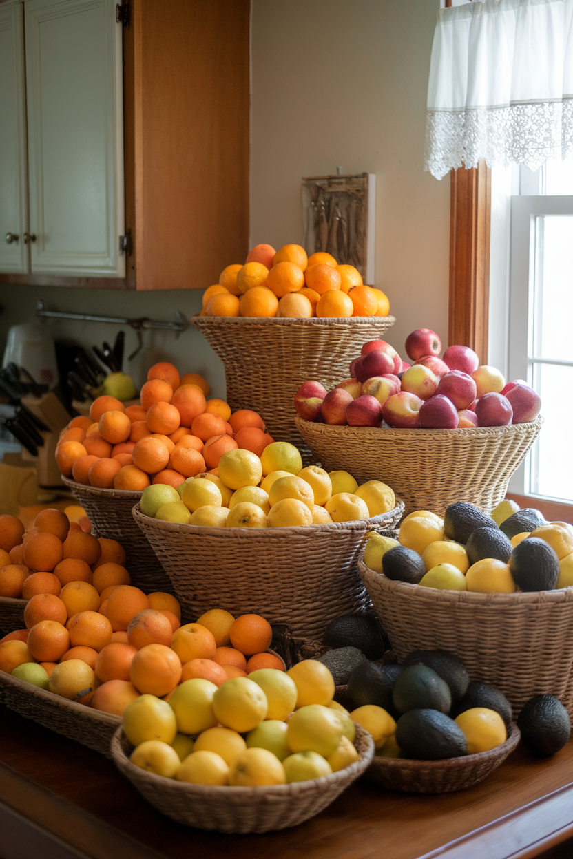 A collection of baskets filled with various fruits like oranges, lemons, and avocados arranged on a wooden table.