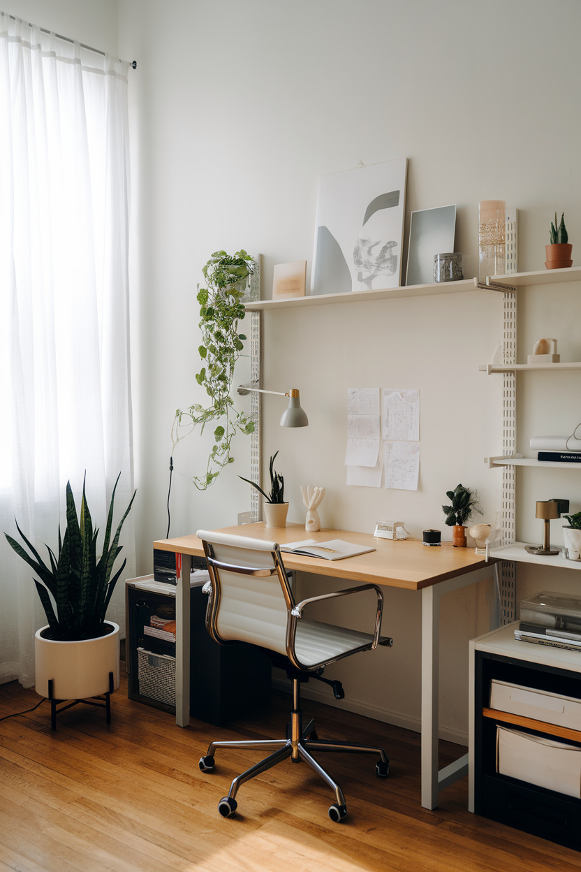 A functional and stylish workspace with a desk, chair, plants, and shelves.
