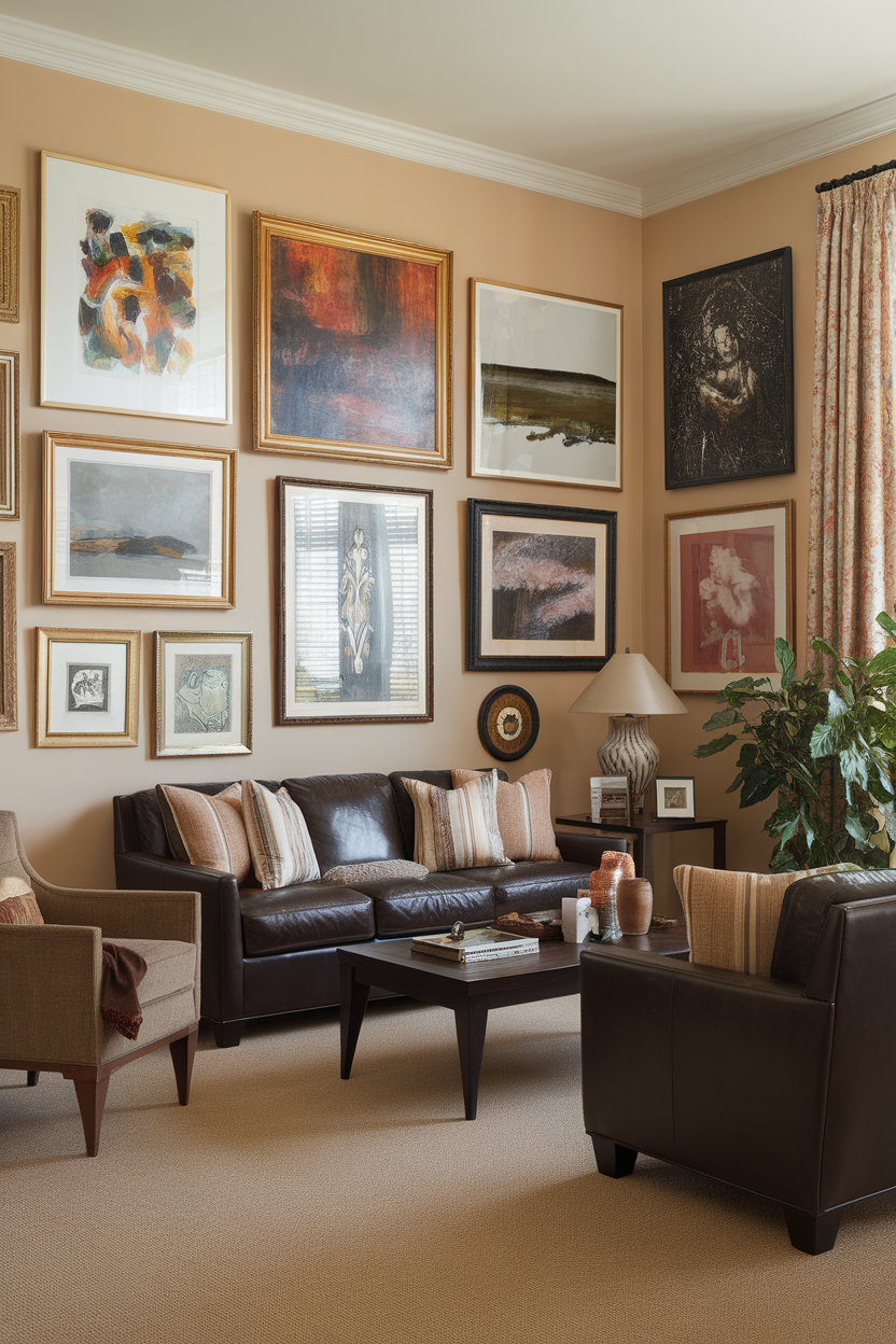 Living room with framed artwork on the walls, showcasing a mix of styles and colors.