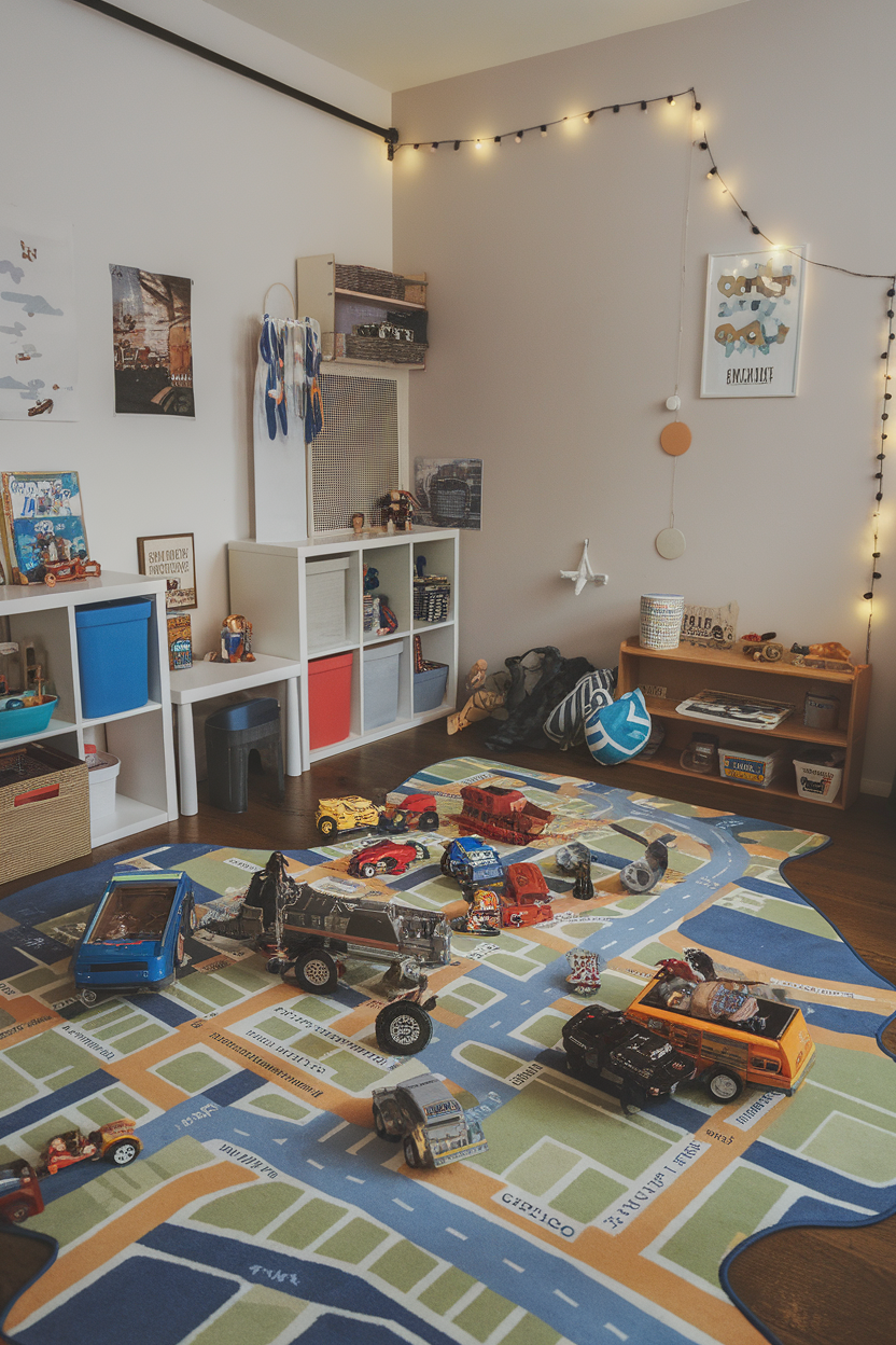 A colorful children's room featuring a playful map-themed area rug with toy cars on it.