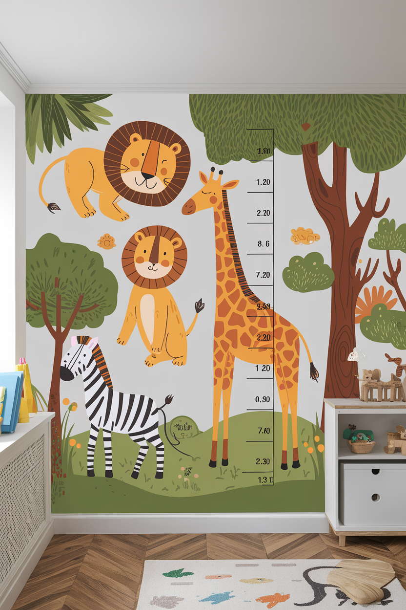 Colorful growth chart with animals in a kids room