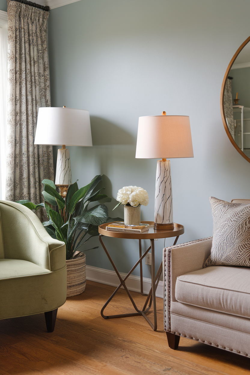 A cozy sitting room featuring stylish side tables, elegant lamps, and decorative plants.