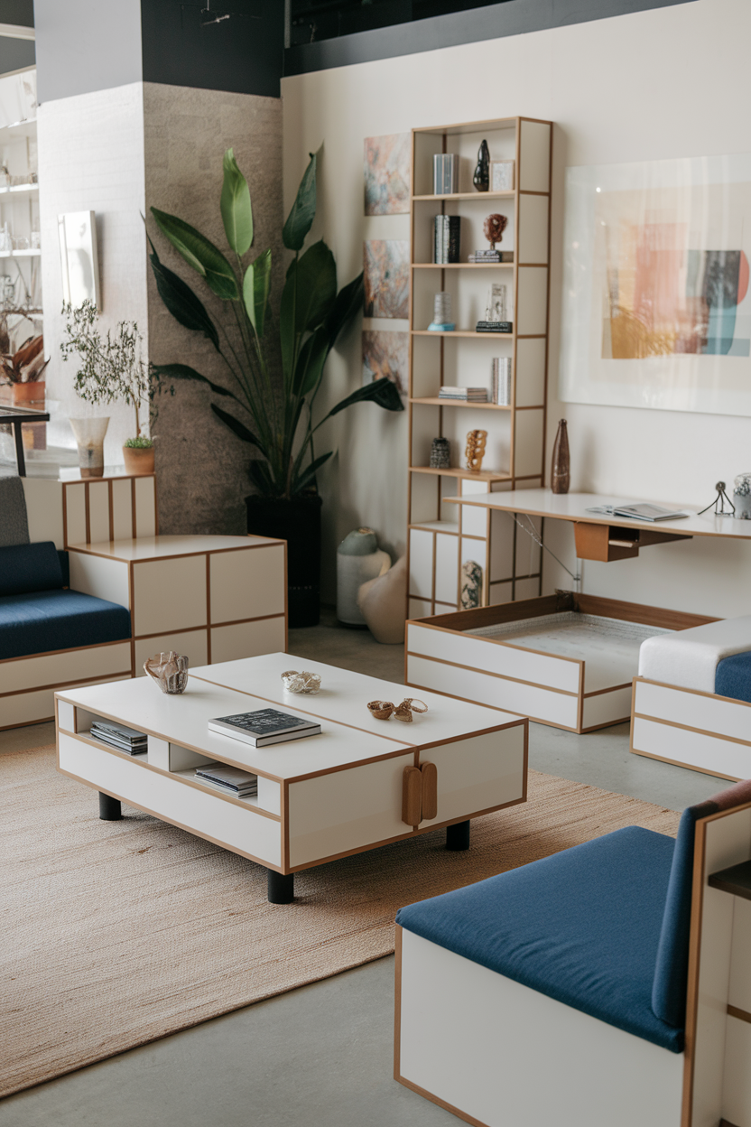 A modern living room setup featuring functional furniture, including a coffee table, seating, and a bookshelf.