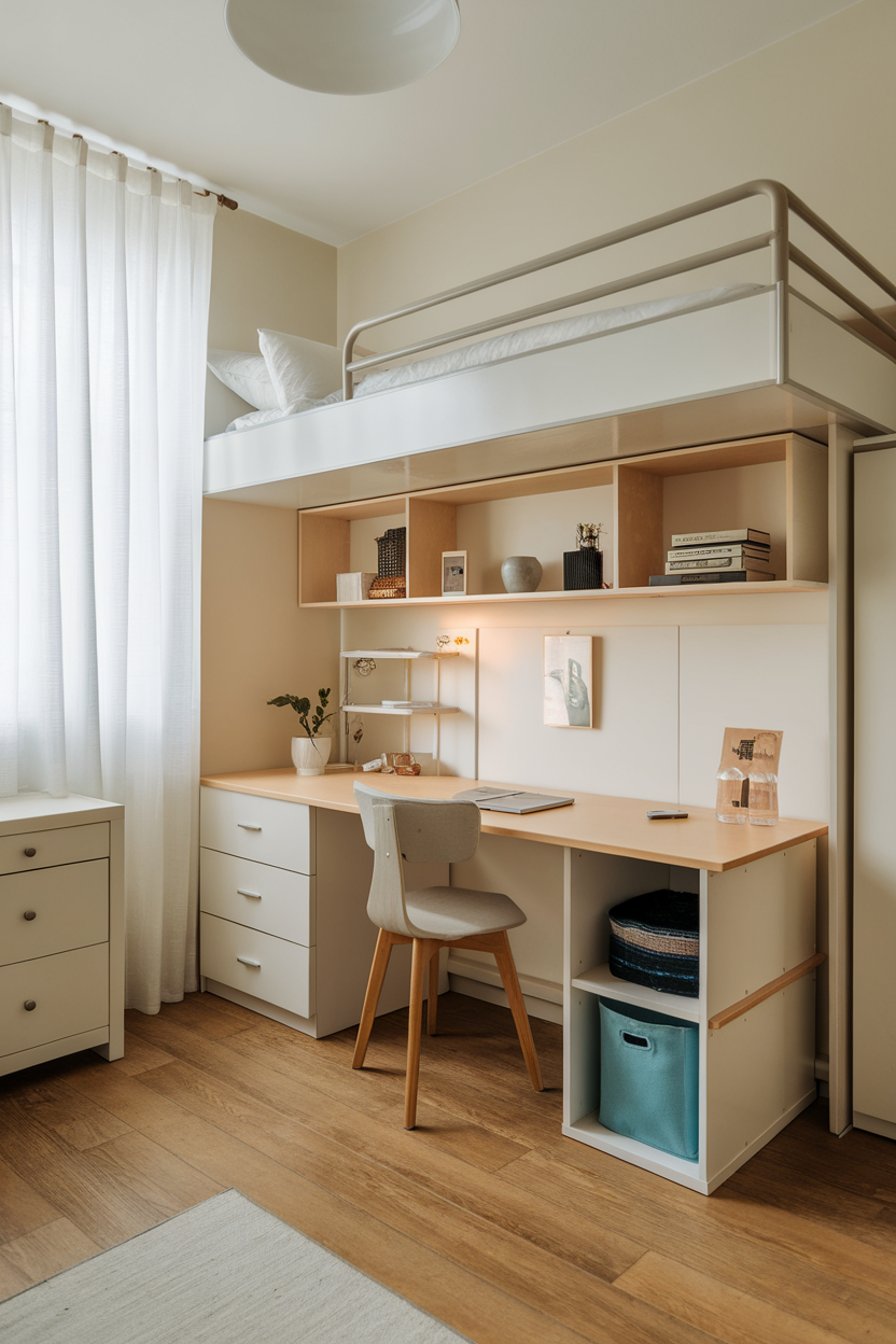 A small, stylish room with a lofted bed and a desk area underneath, showcasing functional furniture.