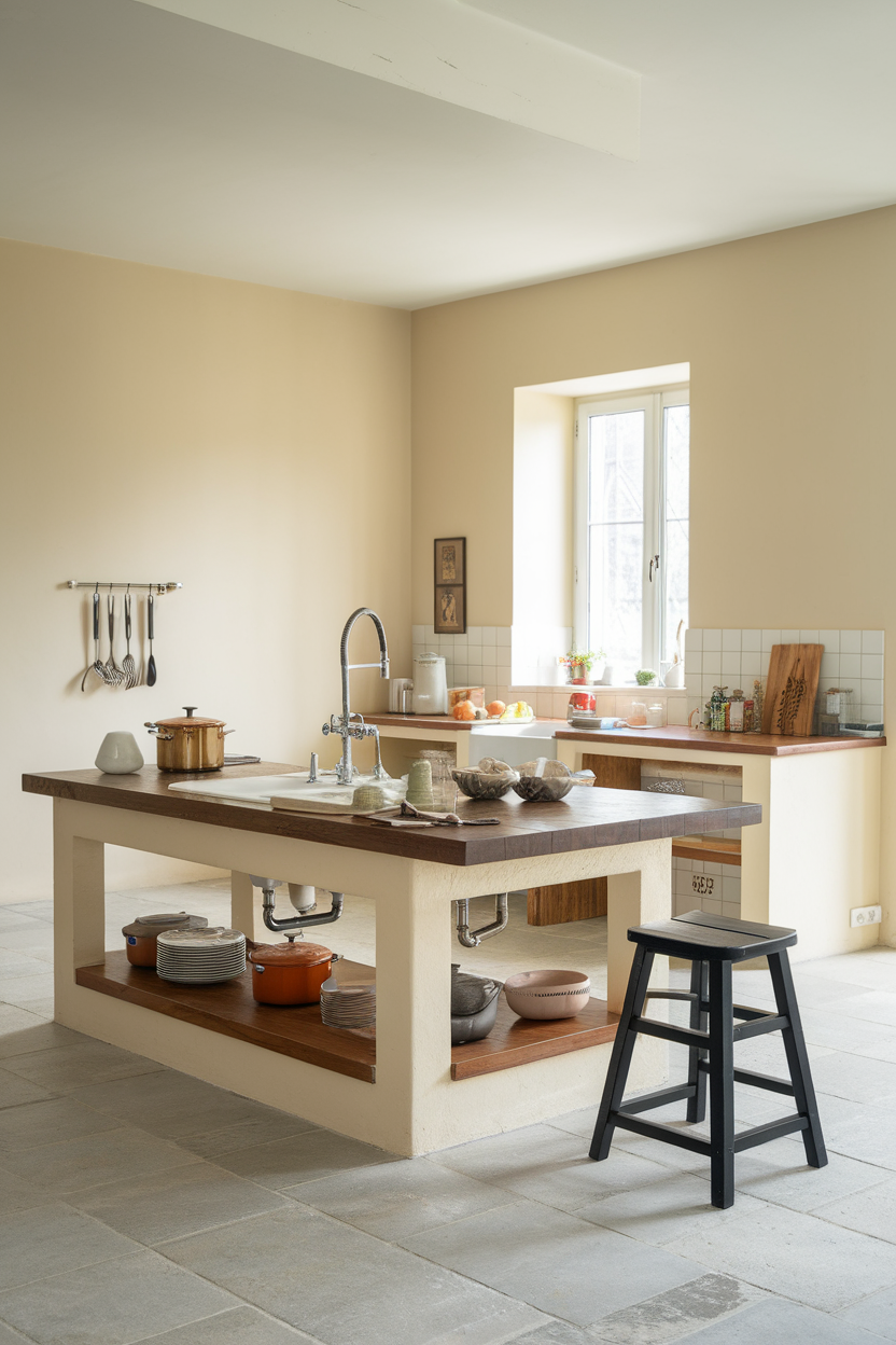 A functional kitchen island with a wooden countertop, sink, and storage space underneath.