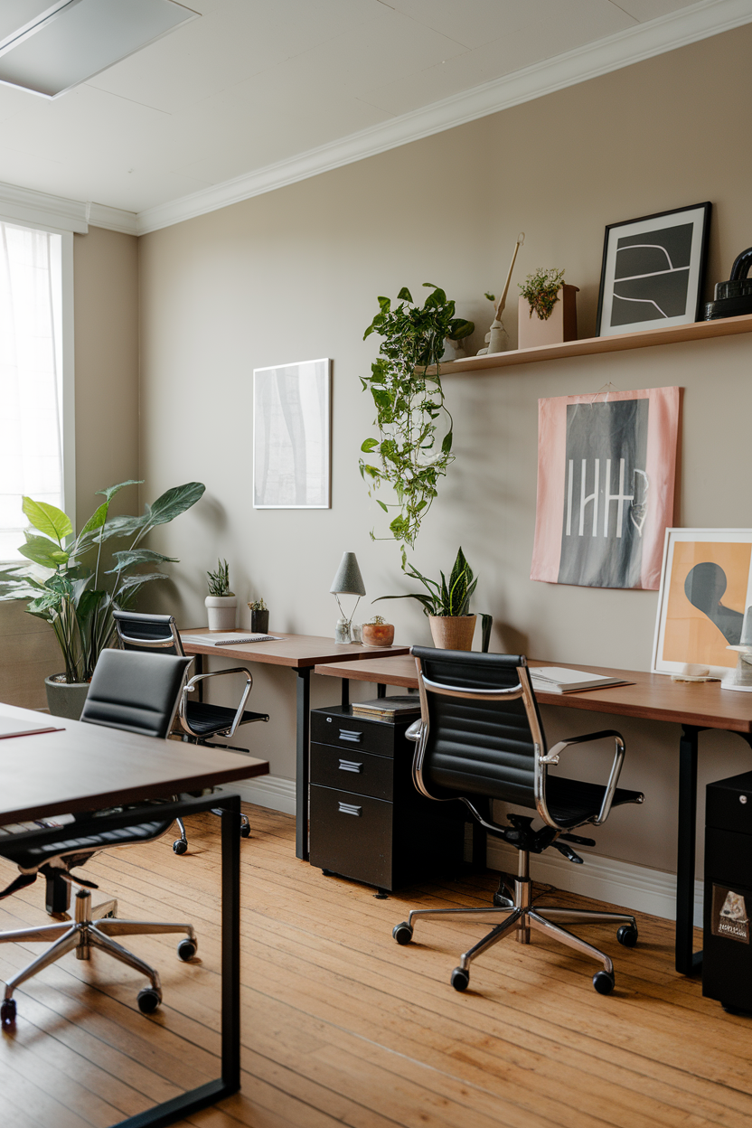 An organized and stylish office space with minimal decor and plants.