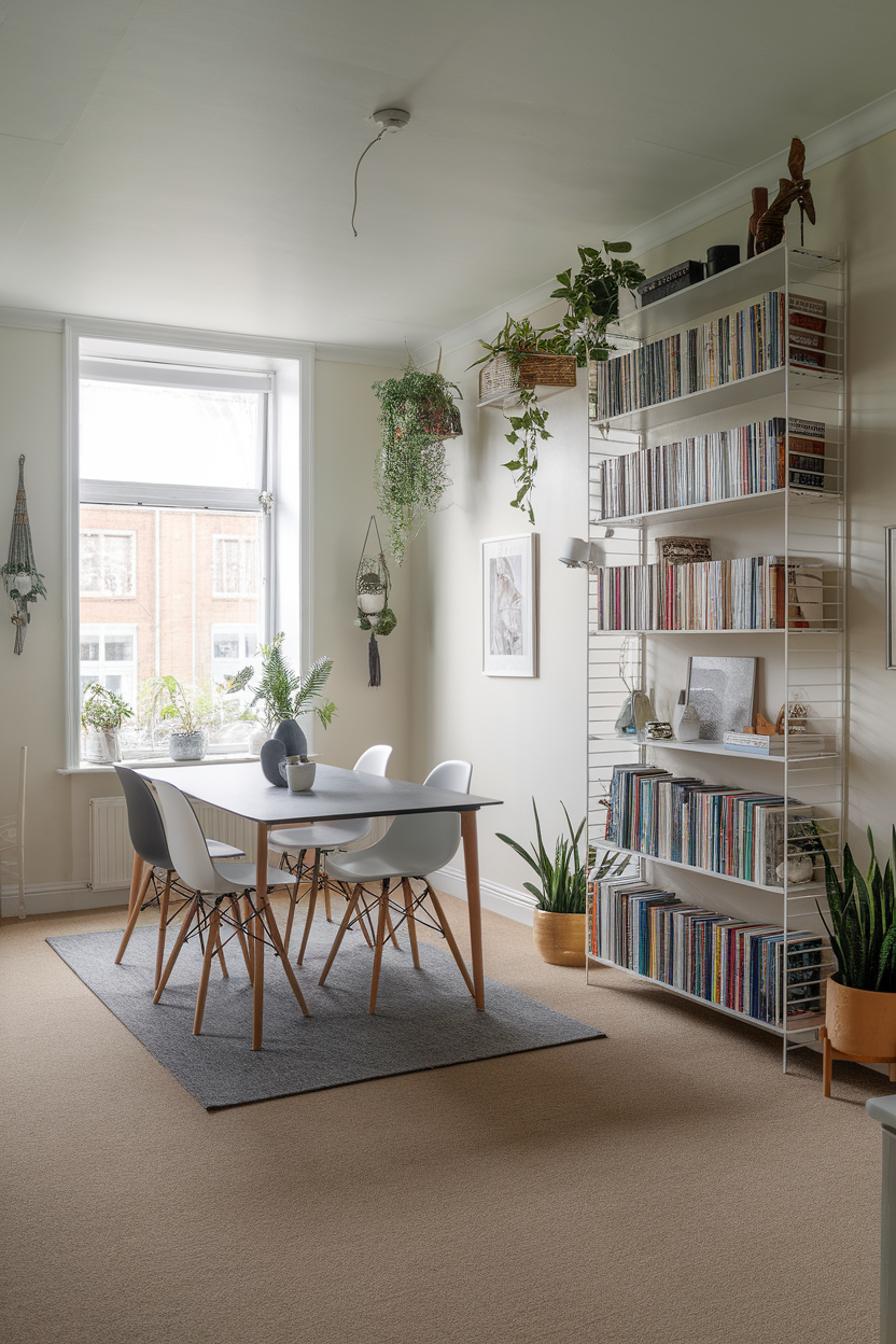 A cozy dining area featuring a table with four chairs, a bookshelf filled with books, and hanging plants.