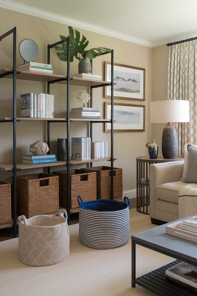 A stylish living room featuring shelves with decorative items and storage baskets.