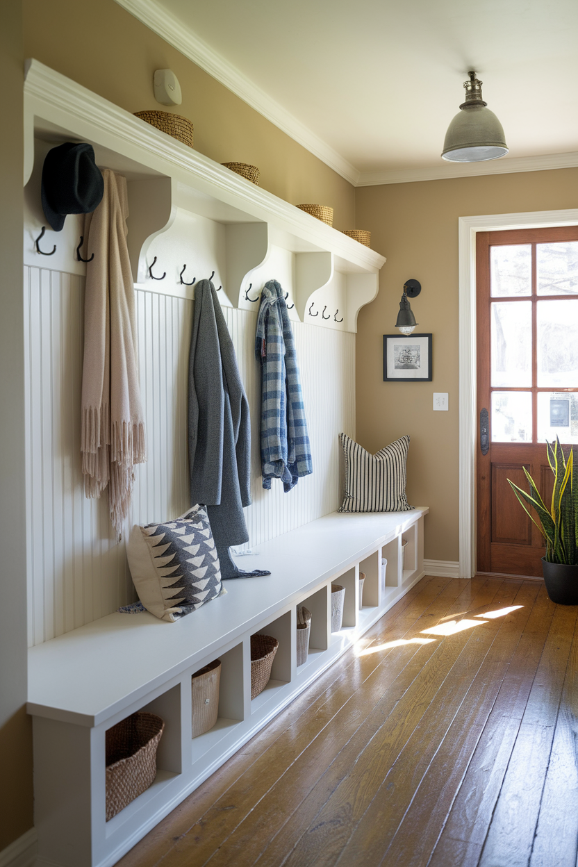 A well-organized entryway with hooks for coats, a bench for seating, and baskets for storage.