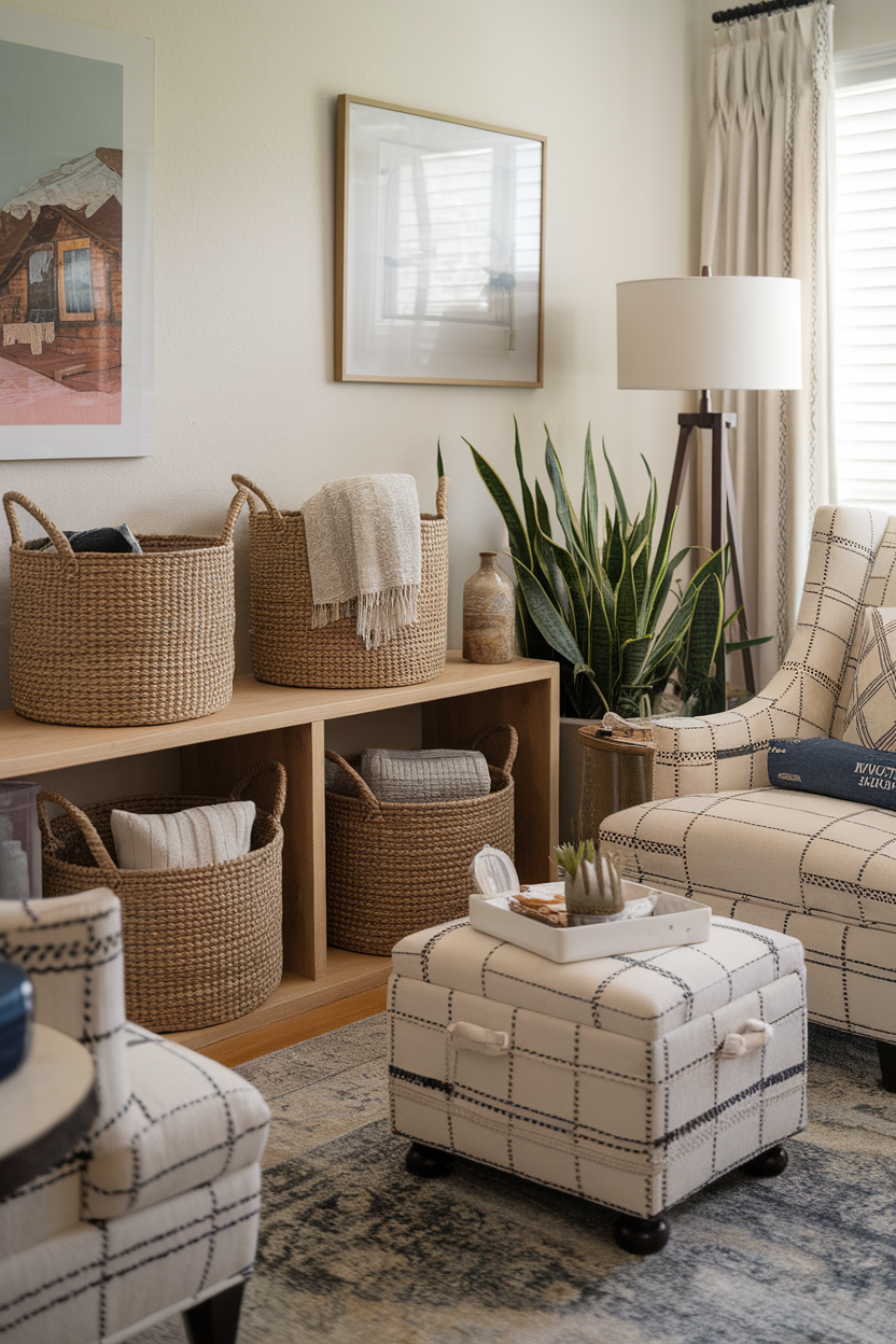 A cozy sitting room with storage baskets, a stylish ottoman, and decorative plants.