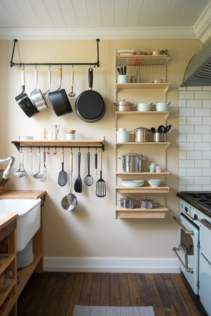 A well-organized kitchen with wall storage for pots and utensils.