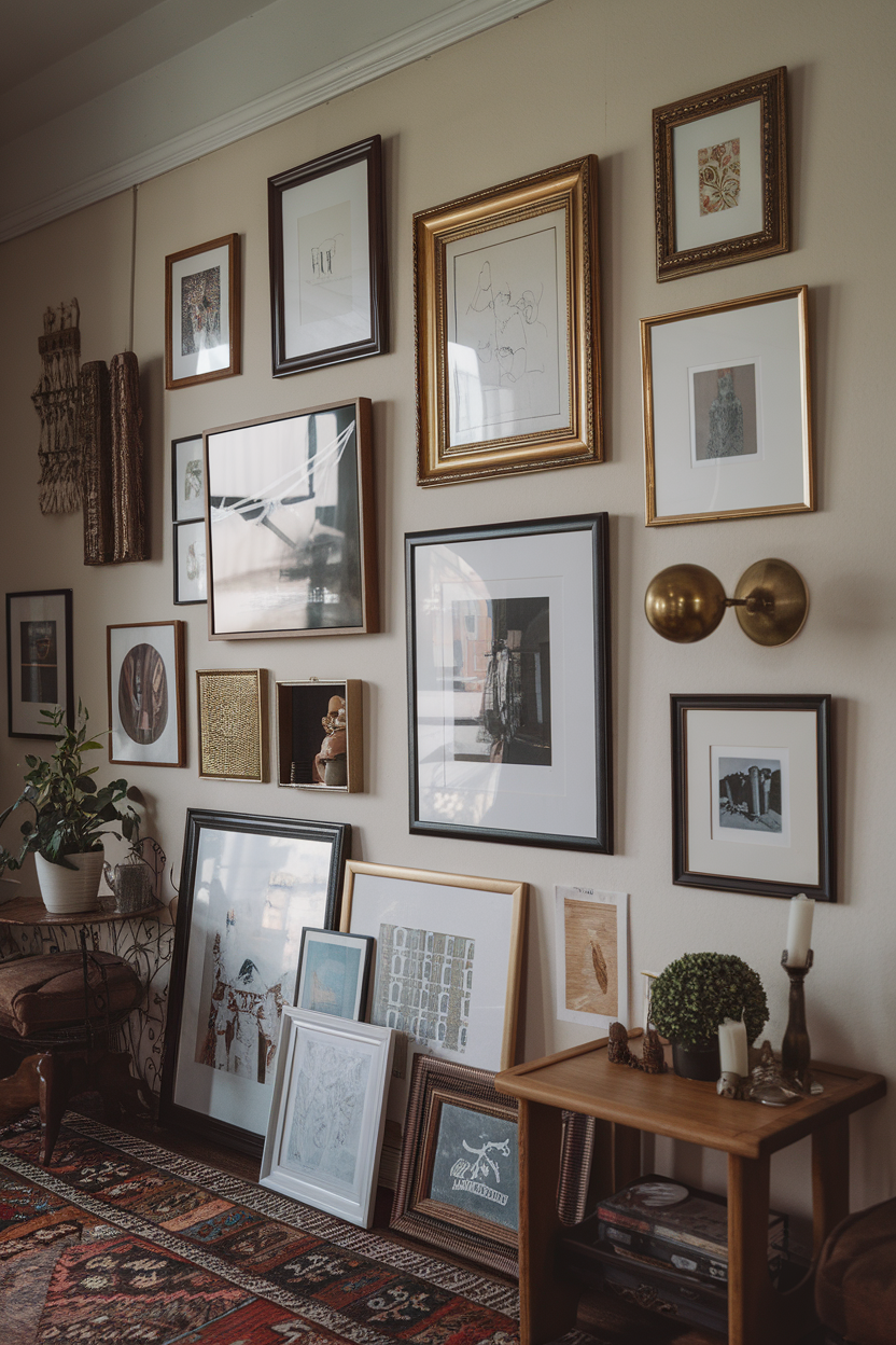 A cozy gallery wall with various framed artworks and pictures, including a mix of styles and sizes.