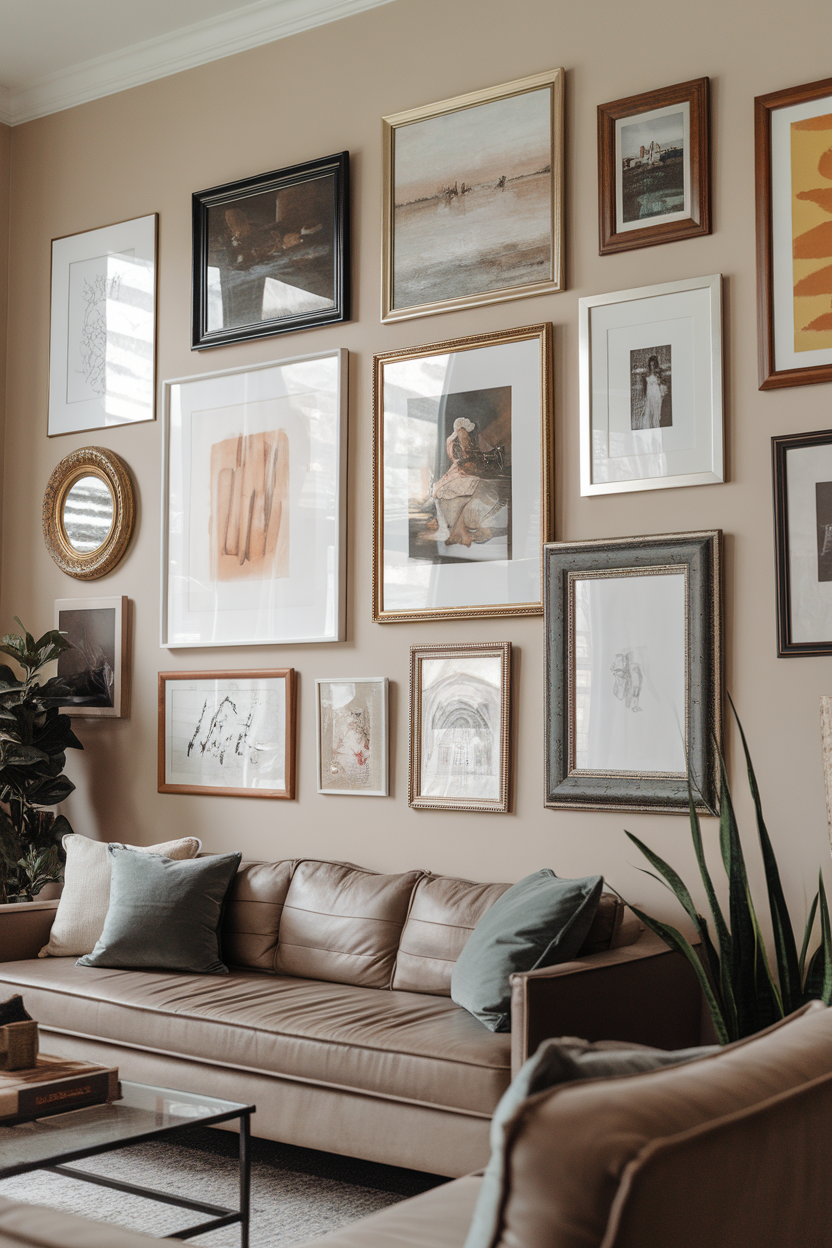 A cozy living room with a gallery wall featuring various framed artworks and photographs.