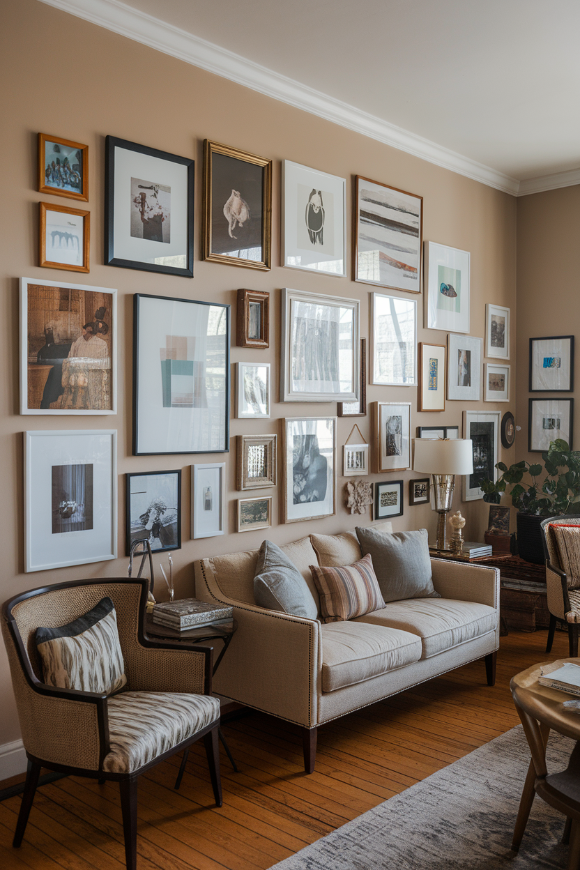 A cozy living room featuring a gallery wall with various framed artworks and photographs.