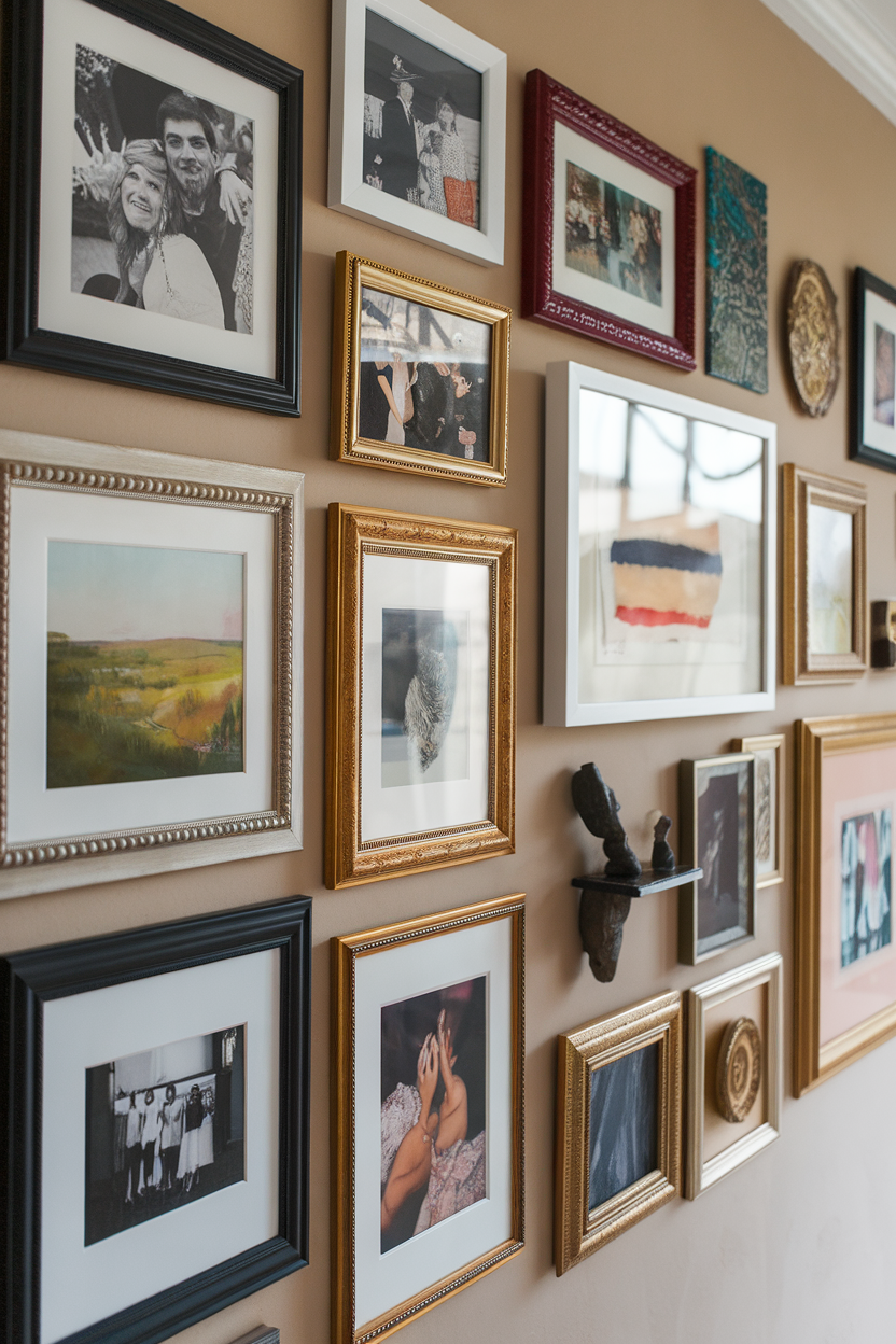Gallery wall featuring framed family photos and art