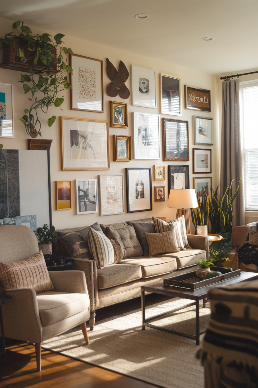 A cozy living room featuring a gallery wall filled with various framed artworks.