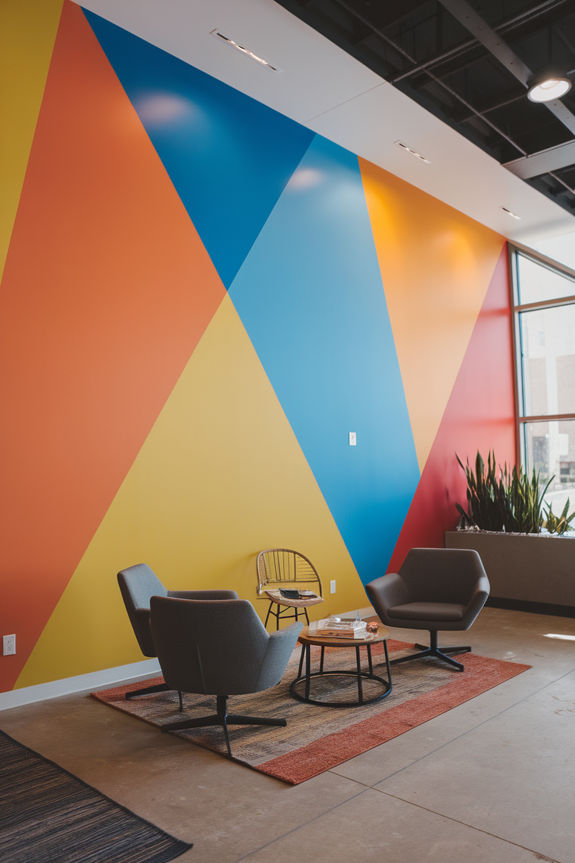 A wall with colorful geometric patterns in blue, orange, and yellow, featuring a cozy seating area.