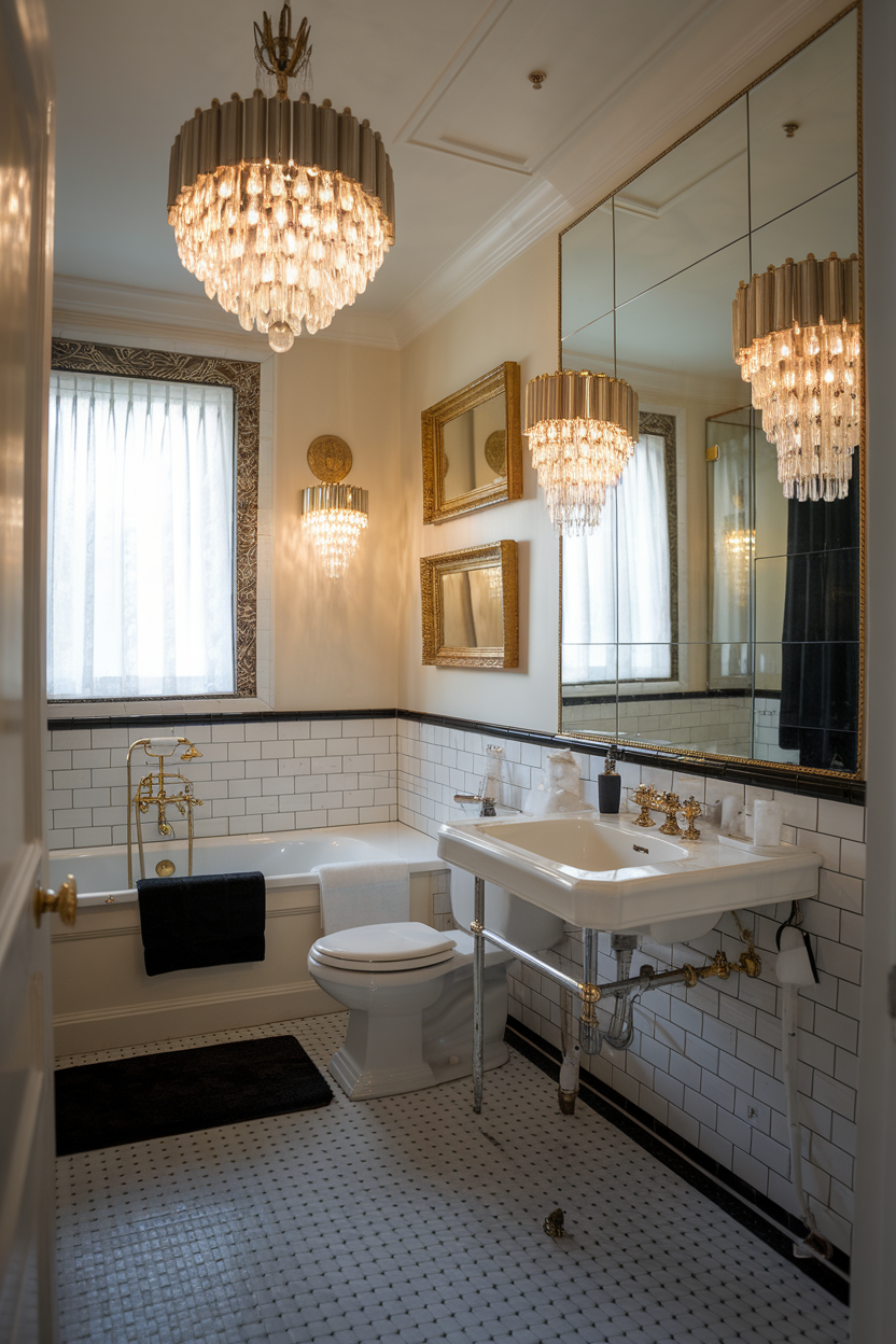A stylish bathroom featuring two elegant chandeliers and vintage mirrors.