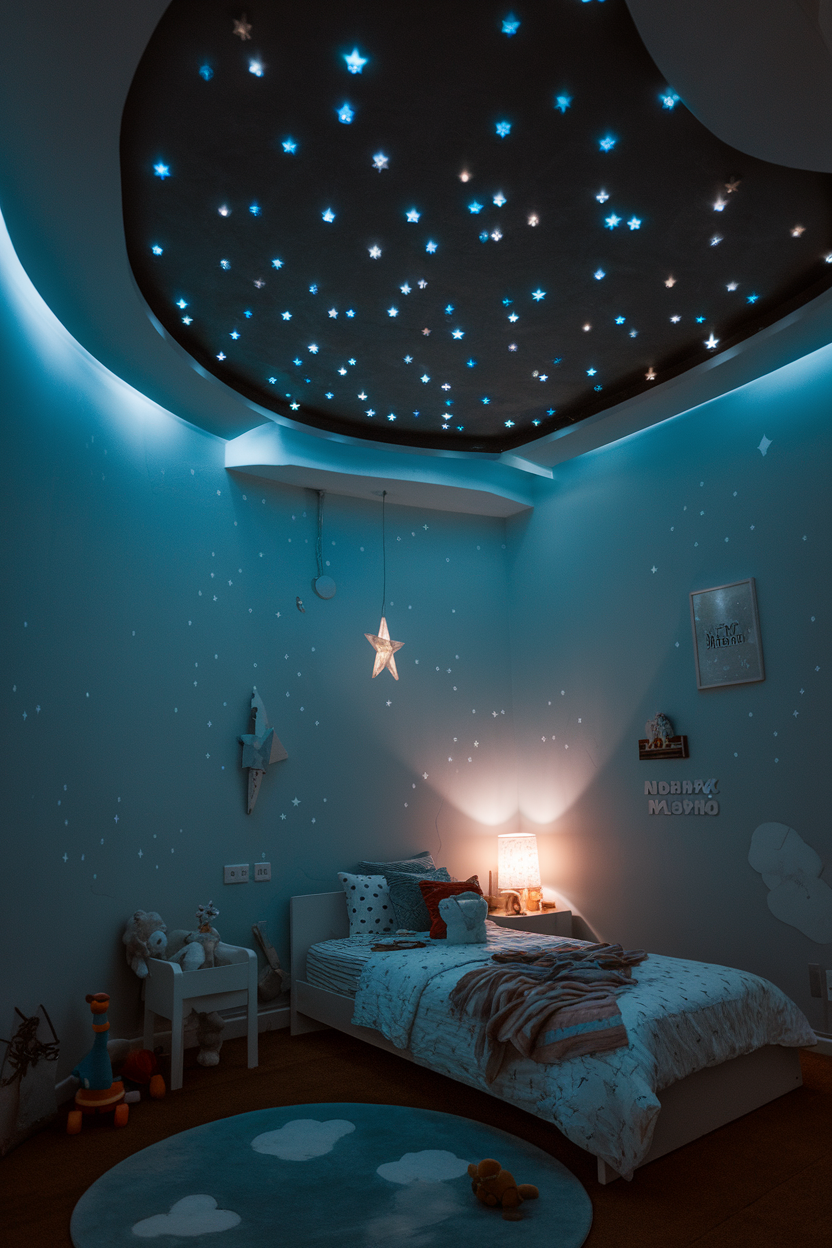 A cozy kids' room decorated with glow-in-the-dark stars on the ceiling, creating a magical night sky effect.
