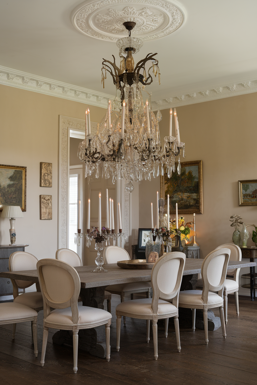 An elegant chandelier hanging over a wooden dining table in a French country decor setting.