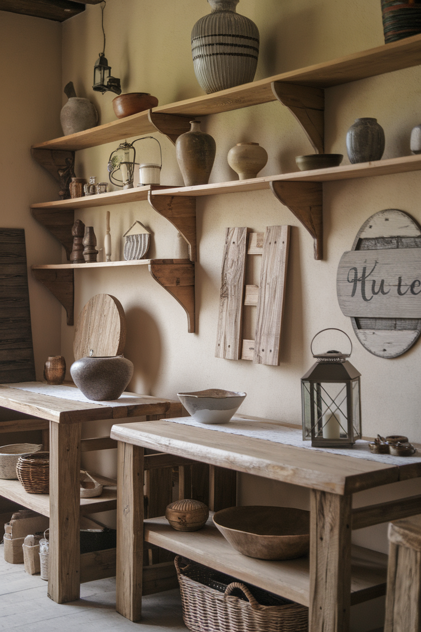 A cozy interior featuring handcrafted wooden accents, including shelves, bowls, and decorative items.