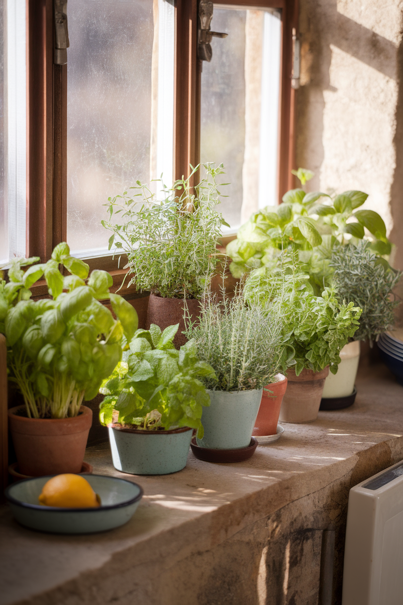 A sunny windowsill filled with various herb plants in pots, featuring basil, mint, thyme, and more.
