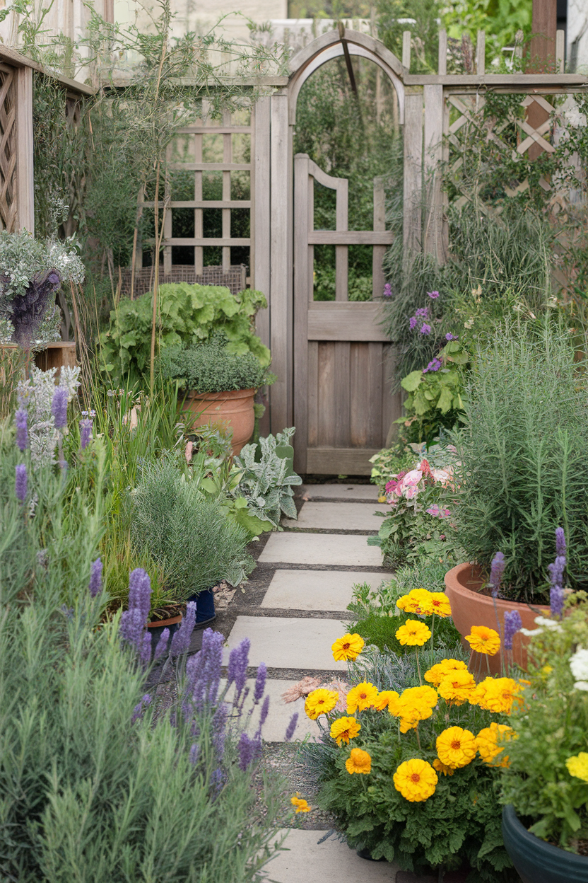 A beautiful herb garden featuring lavender, marigolds, and various herbs, framed by a wooden gate.