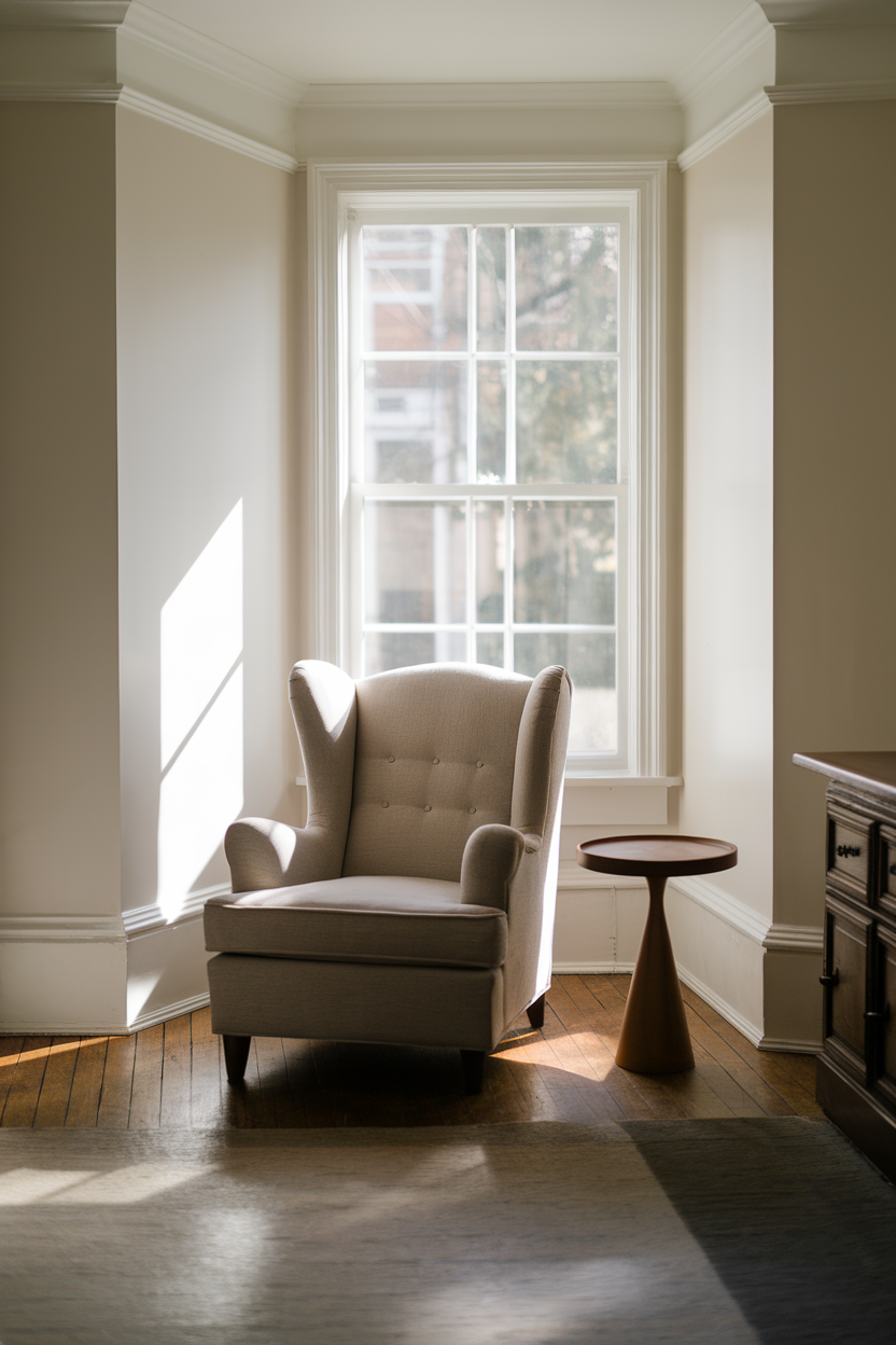A cozy reading nook with a beige armchair next to a window and a small side table.