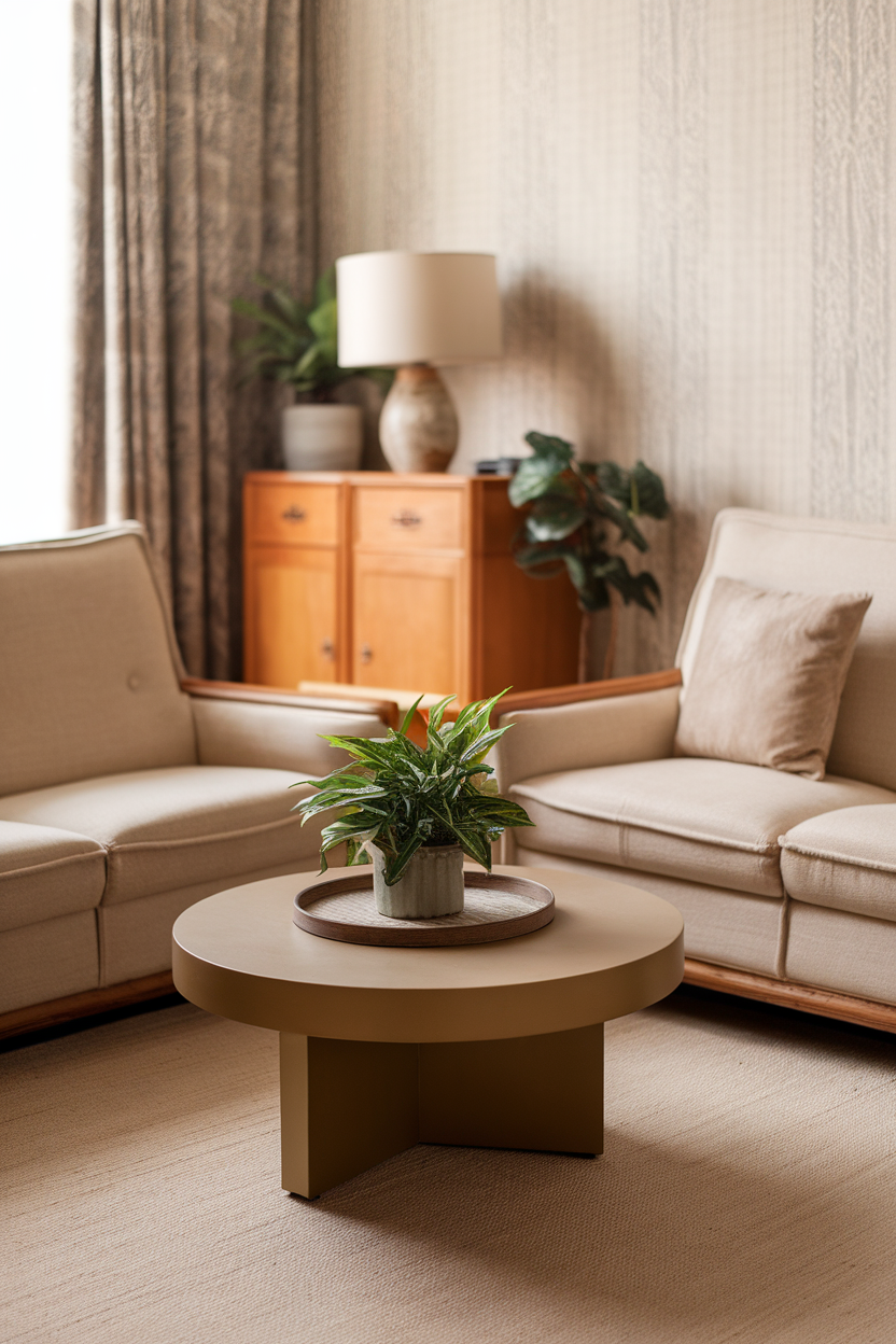 A small, round coffee table with a plant in the center, surrounded by beige sofas in a cozy living room.