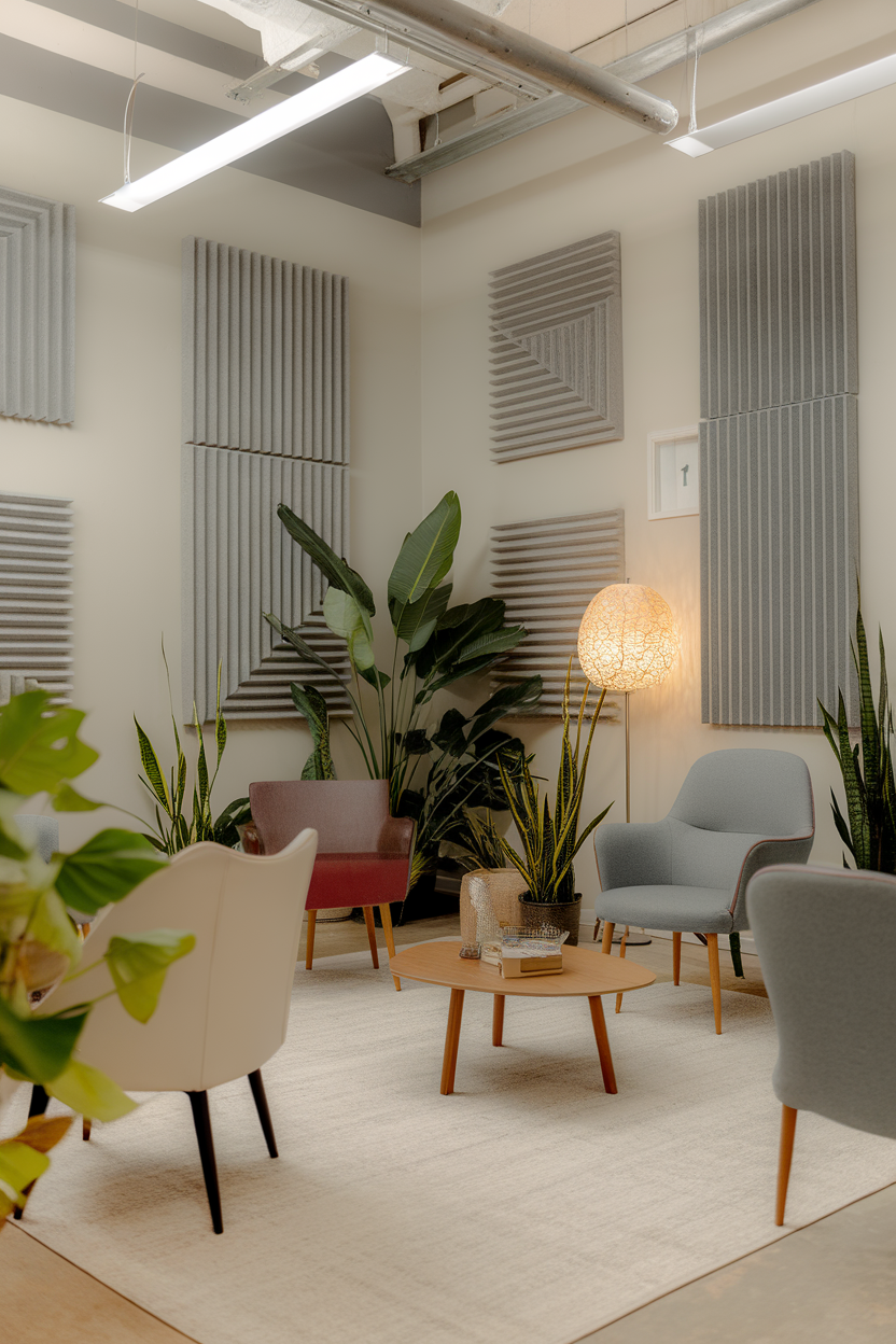 A cozy office space featuring acoustic panels, plants, and comfortable seating.