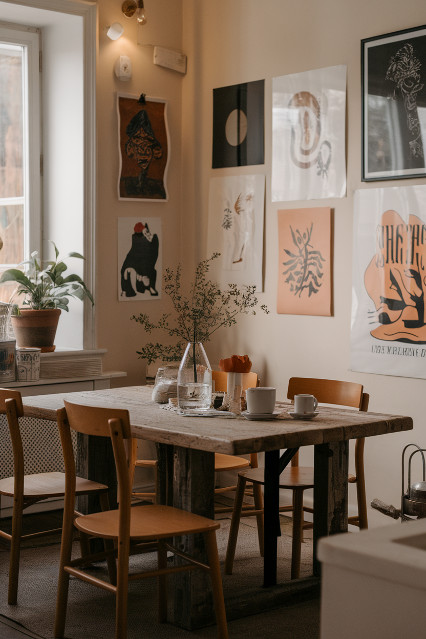 A cozy dining area with a wooden table, chairs, and various artworks on the walls.