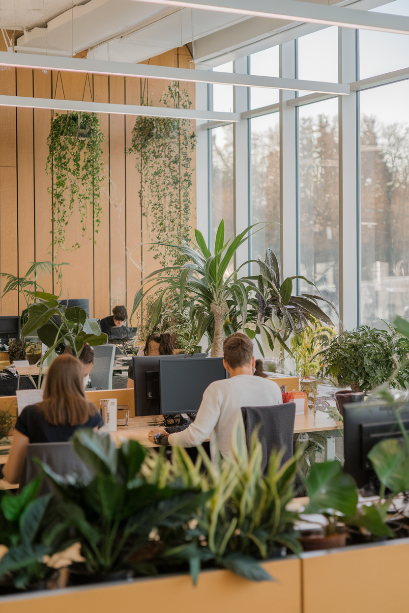 Modern office space with plants and natural light