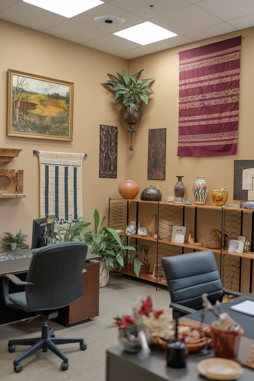 An office with cultural decor, featuring a mix of plants, artwork, and pottery.