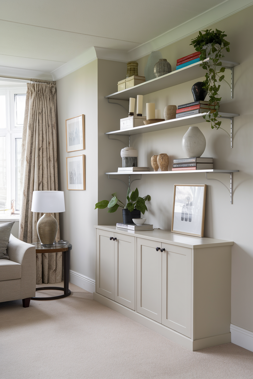 A cozy living room featuring functional wall units with shelves and storage space.