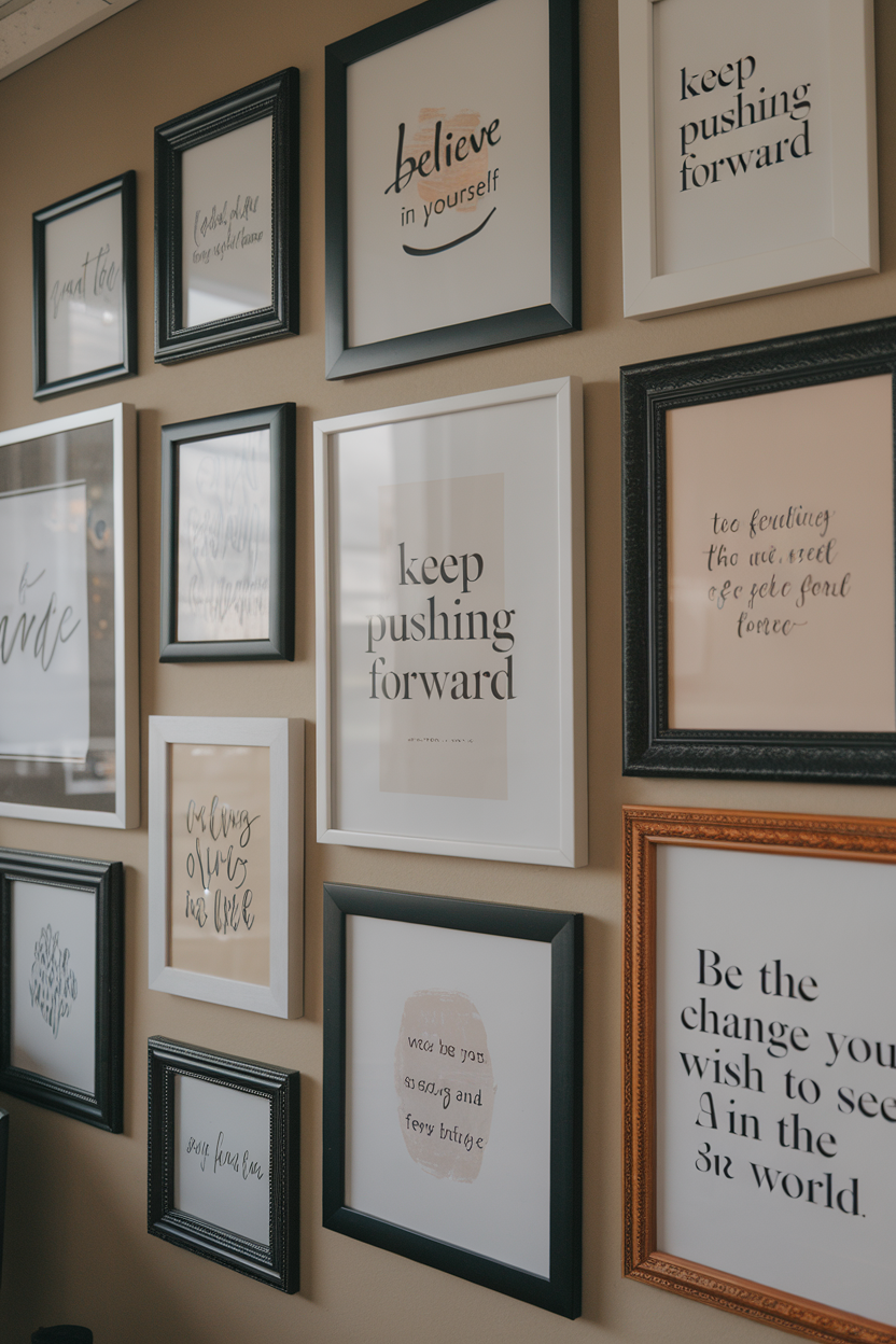 Wall adorned with framed inspirational quotes in an office setting.