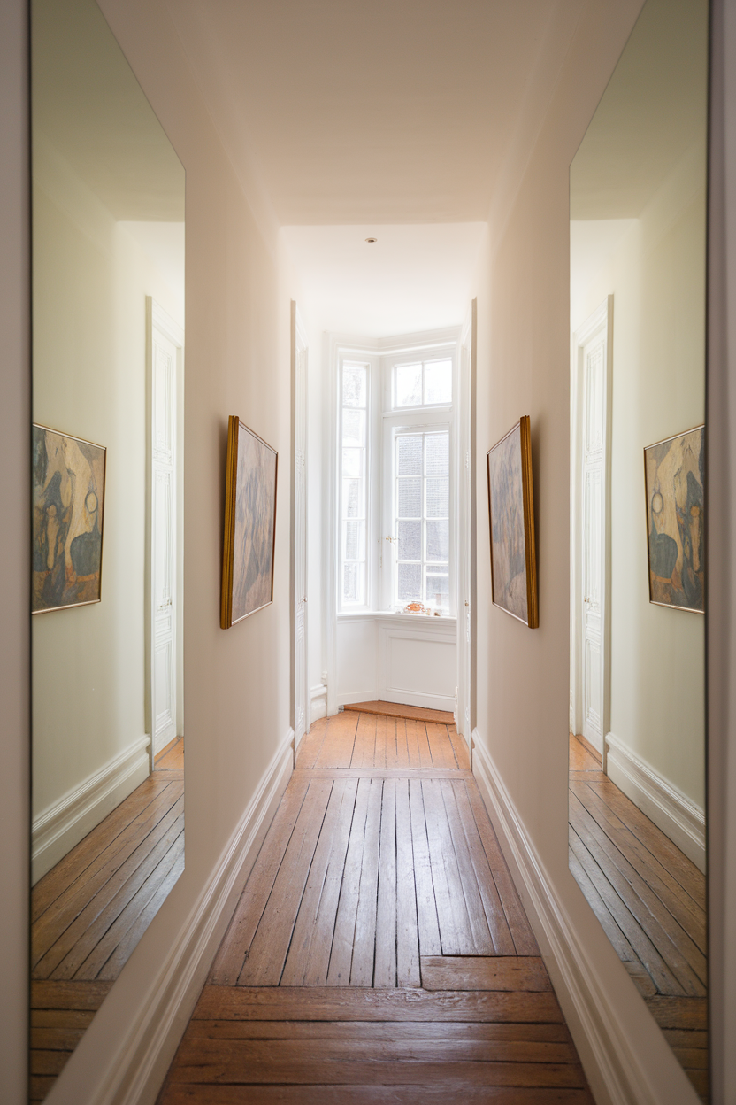 A hallway with mirrors reflecting light and artwork on the walls.