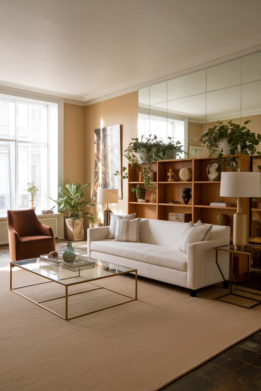 A stylish living room featuring a large mirror, plants, and modern furniture.