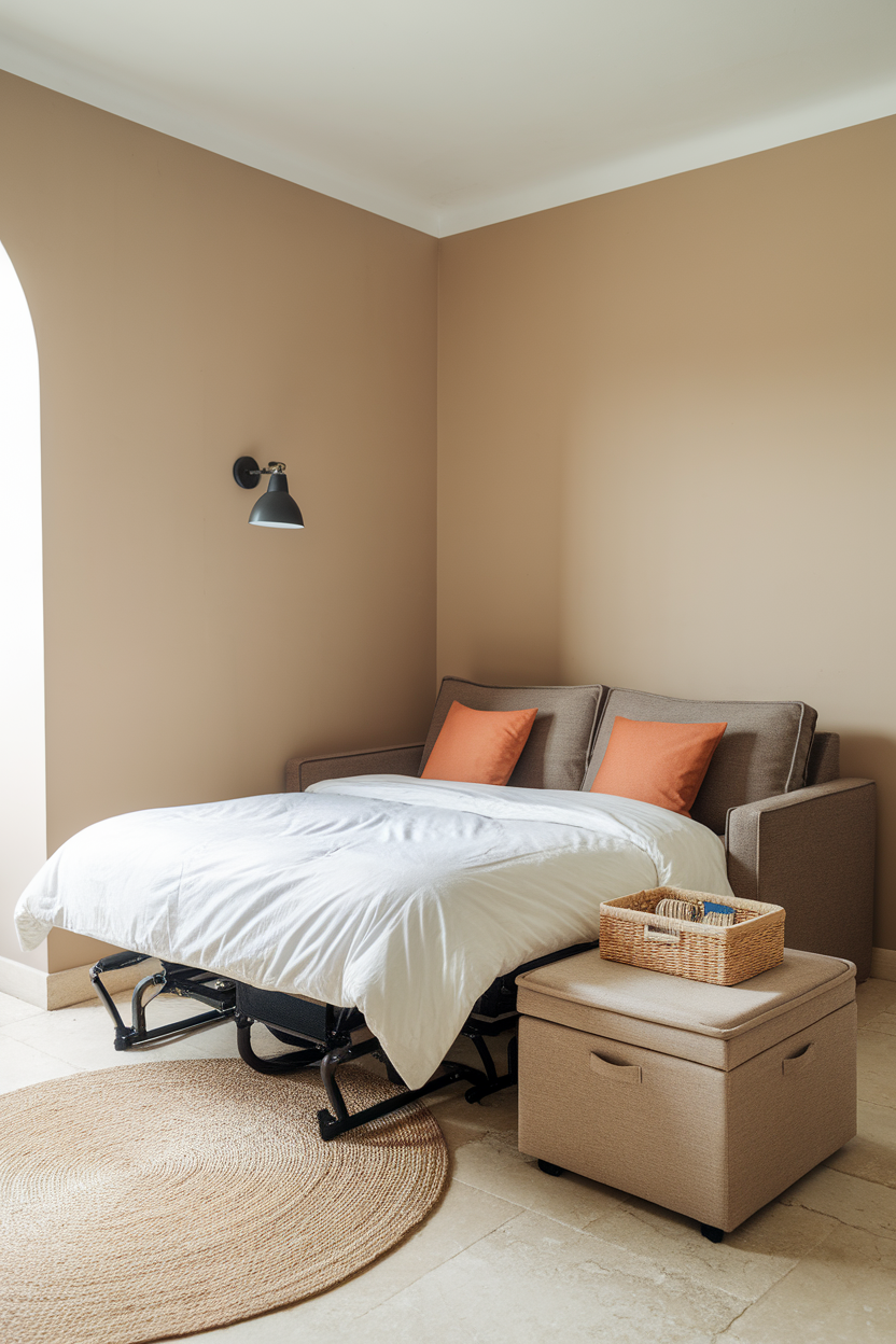 A small living room featuring a sofa bed with orange cushions and a storage ottoman.