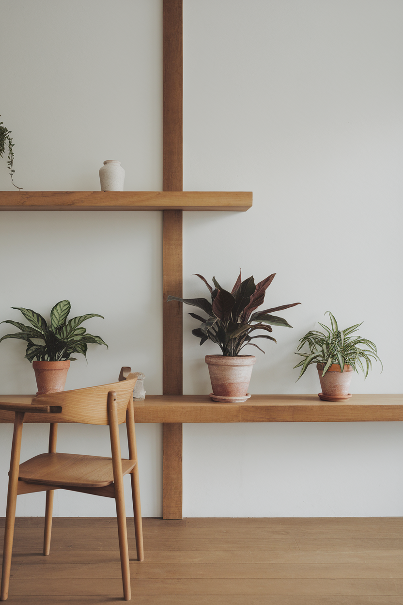 A cozy corner with a wooden shelf, plants in pots, and a wooden stool.
